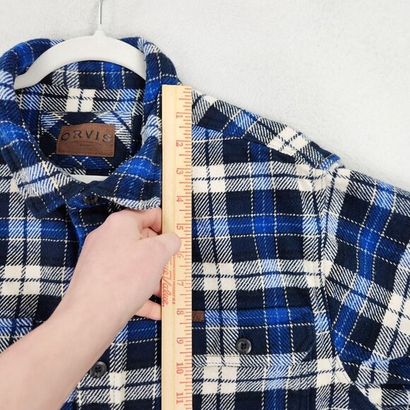 Orvis Shirt Mens Large Blue Tartan Plaid Jacket Shacket Heavy Flannel Button Up - Picture 5 of 13